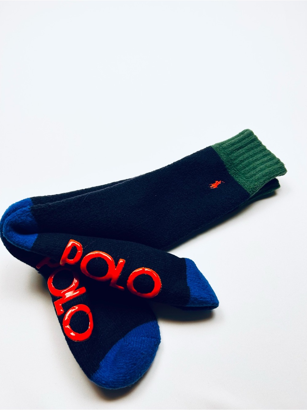 Polo Ralph Lauren Lounge Crew Socks in Navy with Green Cuff and Blue Toe
